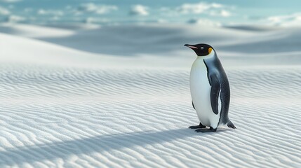 Naklejka premium The Solitary Emperor Penguin: A Symbol of Adaptation and Survival Amidst a Changing Climate and Desert Landscapes