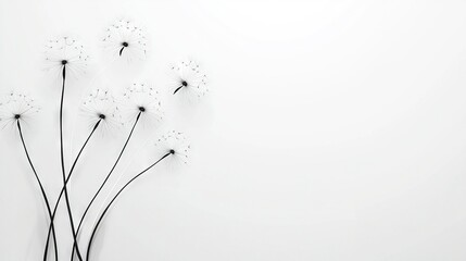   A monochrome image of numerous dandelions in front of a crisp backdrop with ample space for text