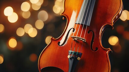 Fototapeta premium Violin and bow on stand, close-up of violin strings and bow resting, soft lighting