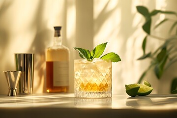 Refreshing cocktail with mint leaves and lime, beautifully lit in a modern kitchen setting