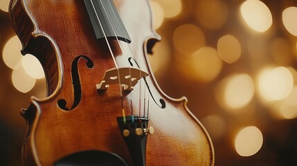 Fototapeta premium Violin and bow on stand, close-up of violin strings and bow resting, soft lighting
