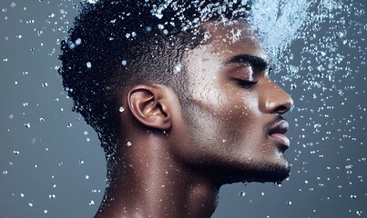 A close-up of the face and upper body with water splash, generation AI 