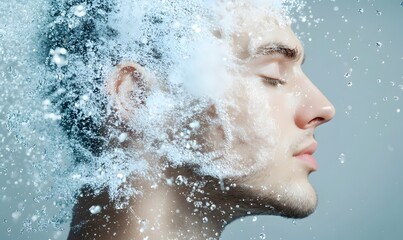 A close-up of the face and upper body with water splash, generation AI 