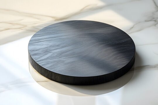 Round dark wooden surface on a marble table, illuminated by soft natural light, ideal for product display