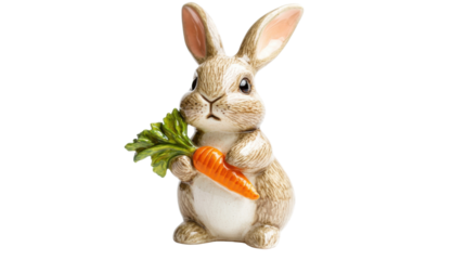 Porcelain bunny holding a carrot on transparent background