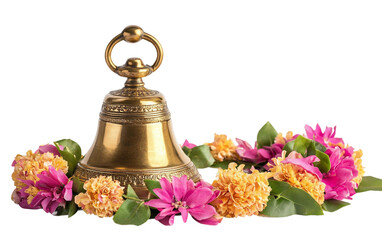 A Brass Bell with Floral Garland for Ugadi Puja Symbolizing Harmony and Spiritual Blessings...