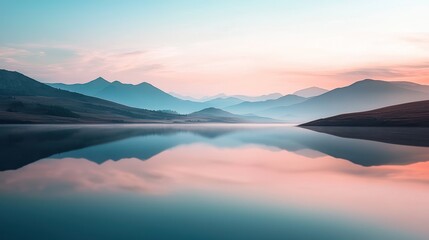 Fototapeta premium Serene lake reflecting pastel sunrise mountain range.
