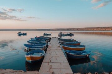 Fototapeta premium Serene Morning at the Dock with Colorful Fishing Boats Floating on Calm Waters Under a Bright Sky, Perfect for Tranquil Lifestyle and Nature Themes