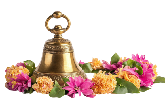 A Brass Bell with Floral Garland for Ugadi Puja Symbolizing Harmony and Spiritual Blessings isolated on transparent background.