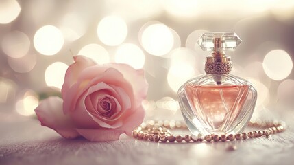 Pink rose & perfume bottle with pearls.