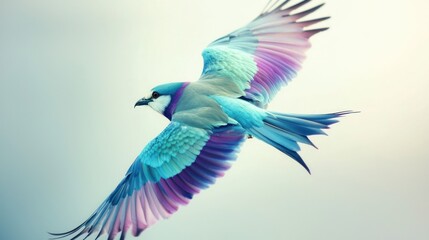 Obraz premium A vibrant blue bird in flight, wings spread wide, showcasing iridescent feathers.