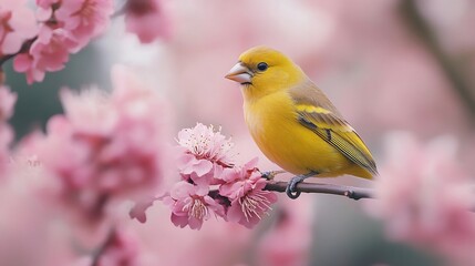 Vibrant yellow bird serenely perched amidst delicate pink blossoms bathed in soft sunlight. AI Generated