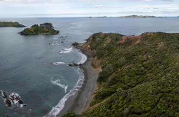Coastal New Zealand landscape. Waves crash on a secluded beach, surrounded by lush greenery. A scenic view from above. Mahinepua Peninsula, Kaeo, Northland, NZ
