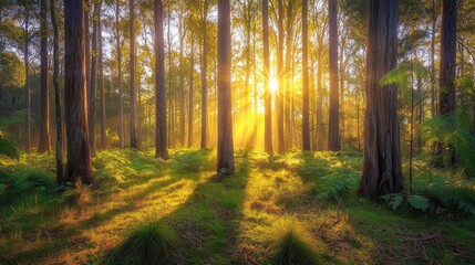 Naklejka premium Sunbeams illuminate a forest at sunrise.