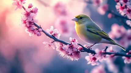 Serene yellow bird perches gently on blossoming pink branch bathed in soft sunrise light. AI Generated