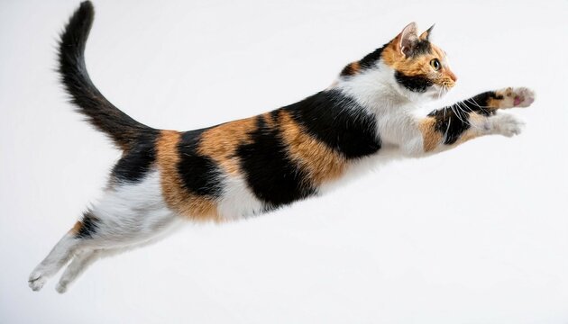 isolated image of a jumping calico cat with white black and orange fur in mid air on white background for pet and animal design projects