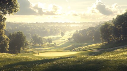 Fototapeta premium Serene golf course at sunrise with players on the green surrounded by lush trees and hills