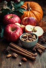 Fresh Apples and Almonds with Cinnamon Sticks on Wooden Table Surrounded by Autumn Leaves and a Pumpkin in a Cozy Seasonal Arrangement
