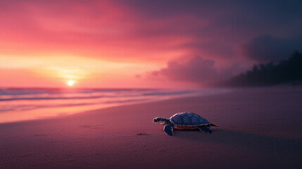 serene sunset beach scene featuring turtle on sand, with vibrant colors in sky.