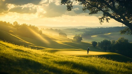 Serene golfer on a lush green course at sunset, surrounded by rolling hills and soft light