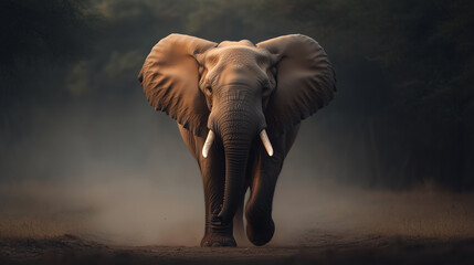Obraz premium Majestic elephant walking through misty landscape, showcasing its grandeur and strength.