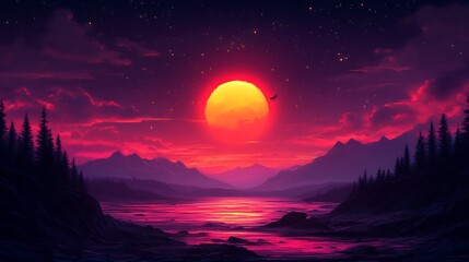 Fototapeta premium Vibrant Sunset Over Mountain Lake and Forest