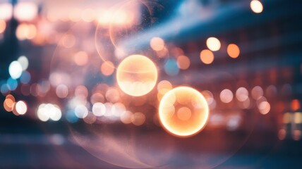 Obraz premium An abstract close-up image featuring soft, glowing orbs blending with a colorful, blurred urban backdrop, creating a dreamy atmosphere.