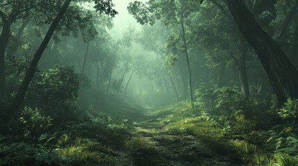 Obraz premium Misty Forest Path, Jungle, Adventure Game Background
