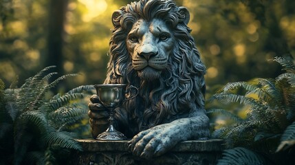 Fototapeta premium Majestic lion statue holding goblet serene forest setting warm golden light. AI Generated
