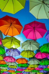Many colorful umbrellas against a cloudless  sky
