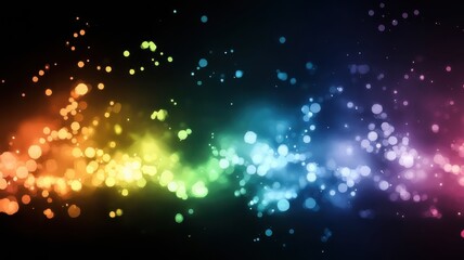 A vibrant, colorful wave of light particles creates a mesmerizing effect against a dark background, evoking a sense of joy and energy.