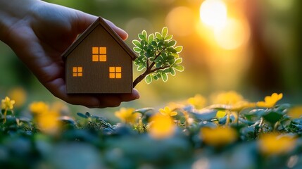 Person Holding Miniature House with Tree in a Flower Field at Sunset