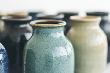 A row of vases with different colors and patterns