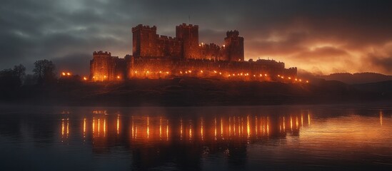 Majestic medieval castle fortress with towering turrets and imposing architecture reflected in the calm tranquil waters of a lake at a dramatic moody sunset  The scene evokes a sense of mystery