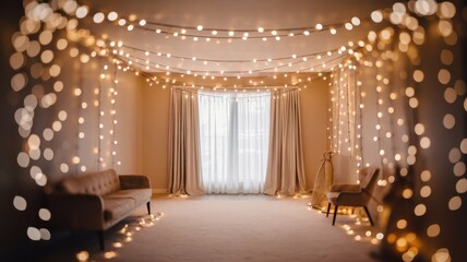 A beautifully lit interior space with soft, warm bokeh lights creating a magical atmosphere, perfect for celebrations or events.