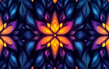 Fototapeta premium Glowing floral pattern on dark background, ideal for textile design