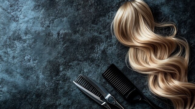 Blonde hair elegantly flows near styling tools on dark background. AI Generated
