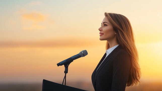 confident woman speaks at podium during sunset, showcasing leadership and inspiration.