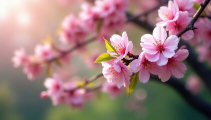 Obraz premium Full bloom of a sakura tree with green foliage, nature, tree