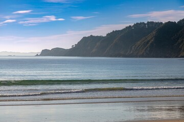 Coastal scene: gentle waves on a serene beach, meeting the base of a forested hillside. Tranquil morning light. Matauri Bay, Matauri Bay, Northland, NZ