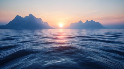 Fototapeta premium Serene sunset over tranquil waters with distant mountains reflecting warm hues of evening light