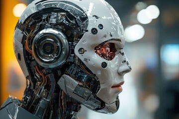 Fototapeta premium Cybernetic Robot Interaction A humanoid AI robot shares a moment of cooperation with a human, symbolizing the potential of AI-human collaboration.