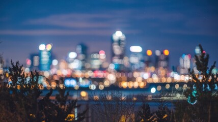 A vibrant city skyline at dusk, softly blurred foreground trees create a serene contrast with the colorful, illuminated skyscrapers in the background.