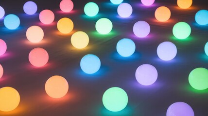 A vibrant display of glowing multicolored spheres scattered across a smooth surface, creating a magical and playful atmosphere.
