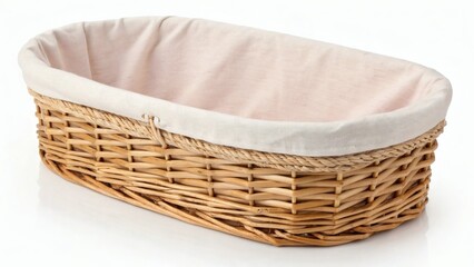 Obraz premium Woven wicker basket with a cloth lining on a white background 