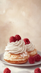 Cream puffs with raspberries and text space