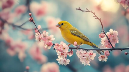 Vibrant yellow bird serenely perched on blossoming pink branch soft sunlight bathes scene. AI Generated