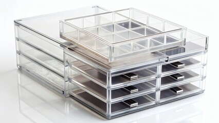 Transparent acrylic drawer organizer on a white background  