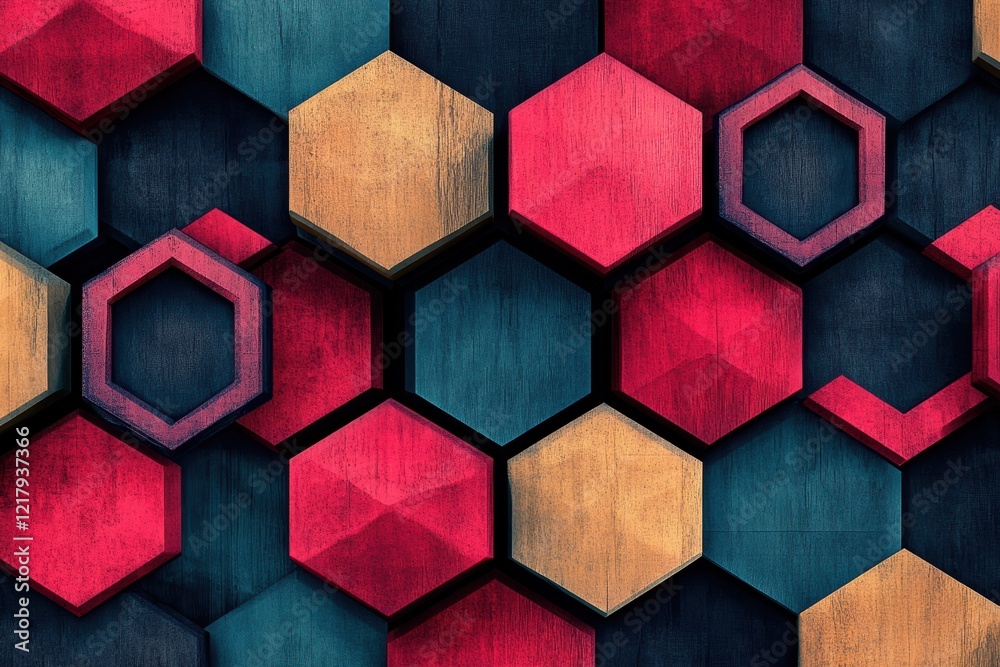 Poster colorful hexagonal pattern creates a vibrant visual design with dynamic textures and shades