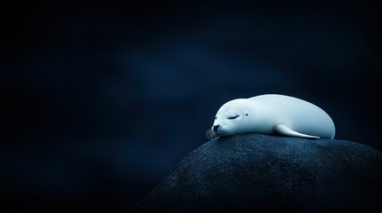  A white seal lies on a black rock, eyes closed and head resting on side